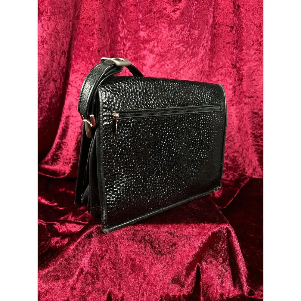 Vintage Y2K Black Leather Shoulder Bag - Reptile Embossed Patchwork Purse